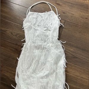 Lulus white fringe lace up mini dress